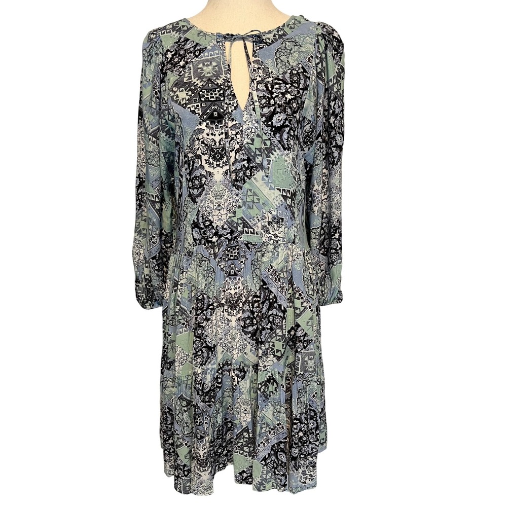 Calvin Klein Women's 8 Boho Patchwork Dress 3/4 Puff Sleeves Blue Green‎ Peasant